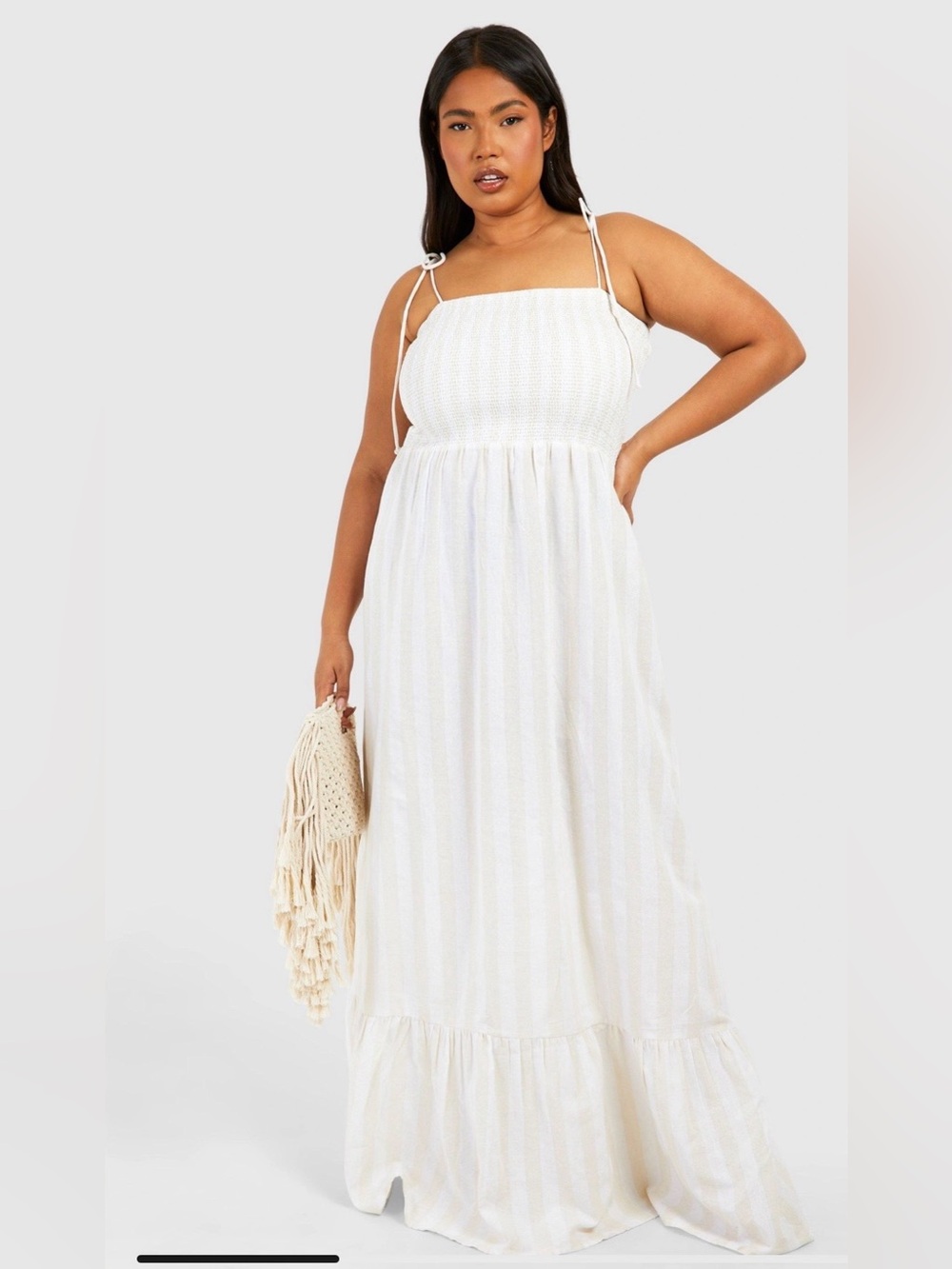 Smocked Tie-Shoulder Maxi Dress in Cream